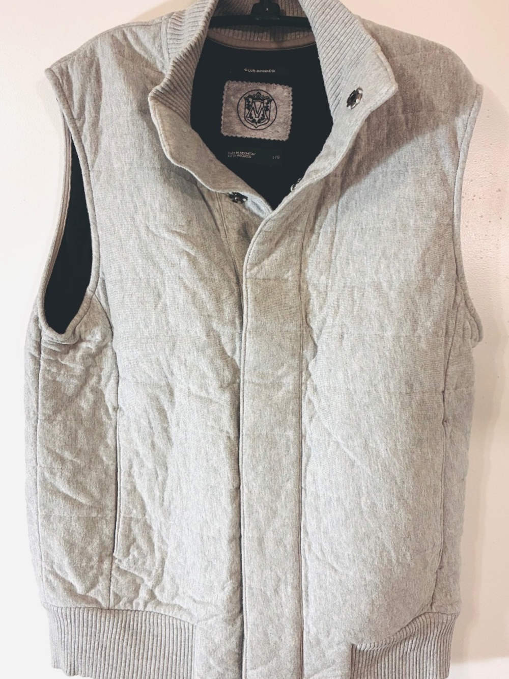 CLUB MONACO MENS QUILTED COTTON VEST SZ L FRONT SNAPS LT GREY SLEEVELESS